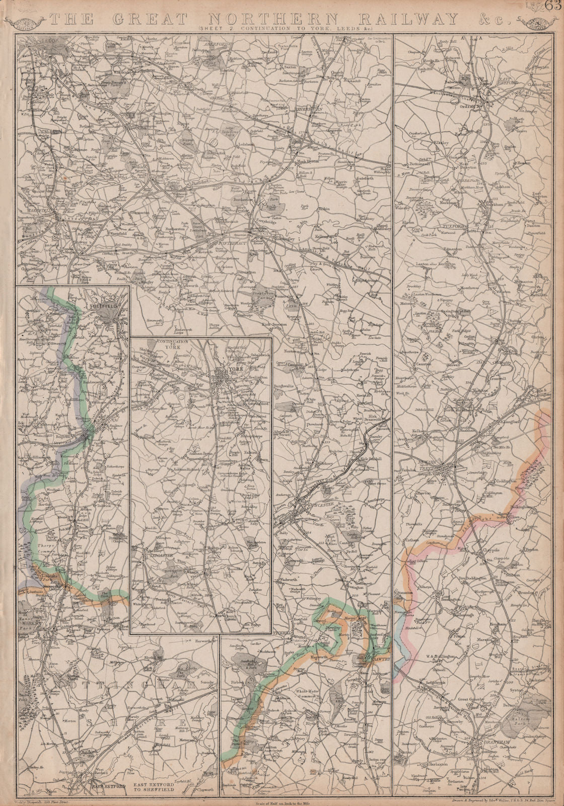 GREAT NORTHERN RAILWAY 2. Grantham to York, Leeds & Sheffield. WELLER 1863 map